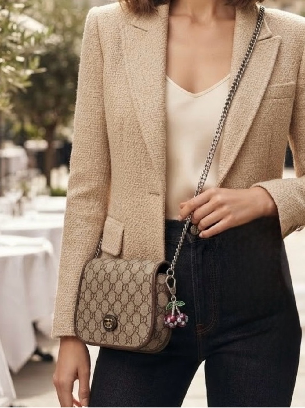 Vintage Gucci Plus Monogram Crossbody Bag w/ Chain Strap & Cherry Charm